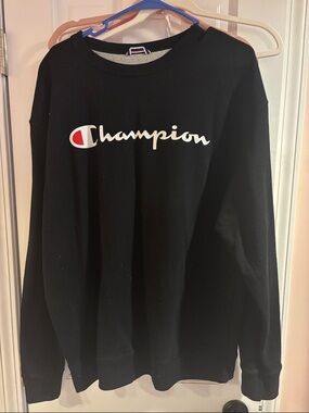 Champion Black Sweatshirt with White Script and Red Logo